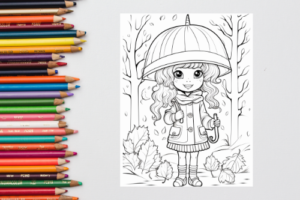 an example of our fall coloring book digital printable. cute page of girl with an umbrella with decorative coloring pencils