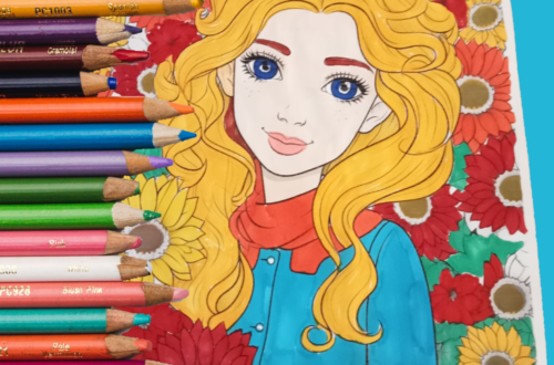 a colouring page illustrating a girl with blonde hair, emphasizes colouring as stress relief for teens, relaxation