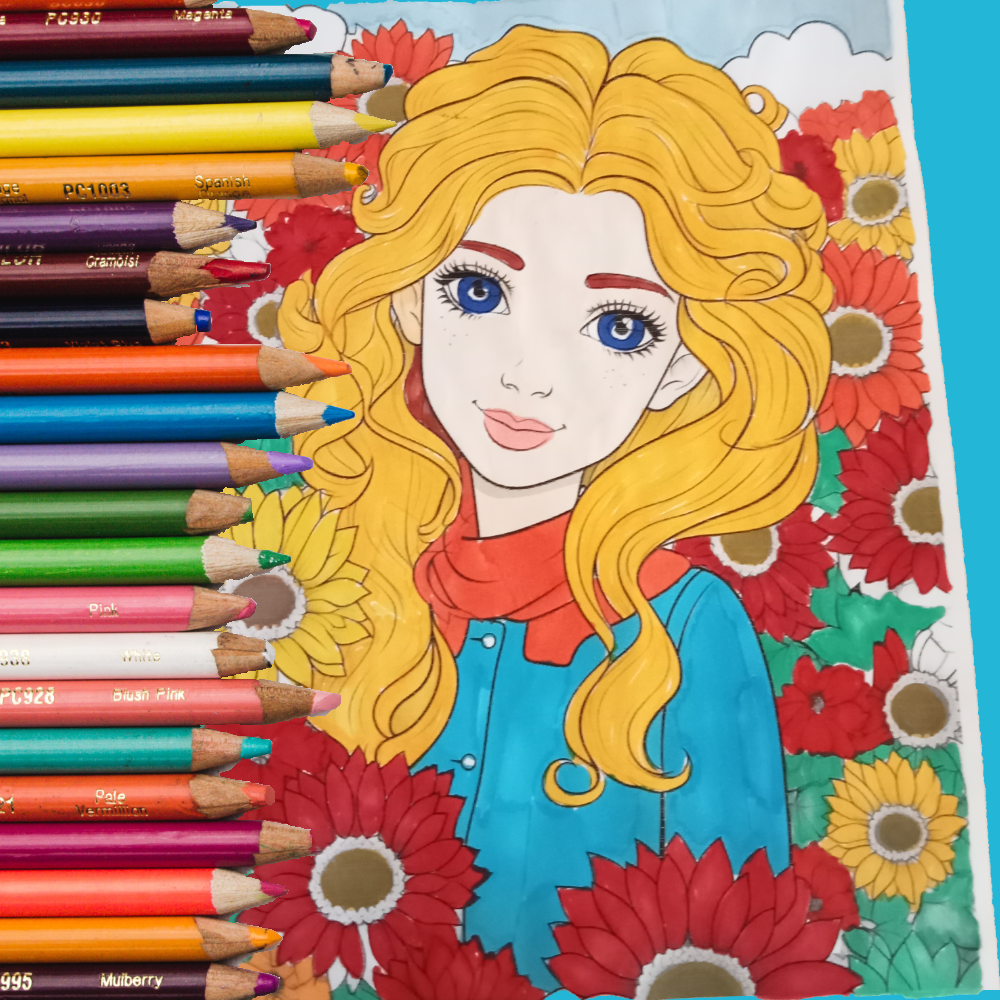 a colouring page illustrating a girl with blonde hair, emphasizes colouring as stress relief for teens, relaxation