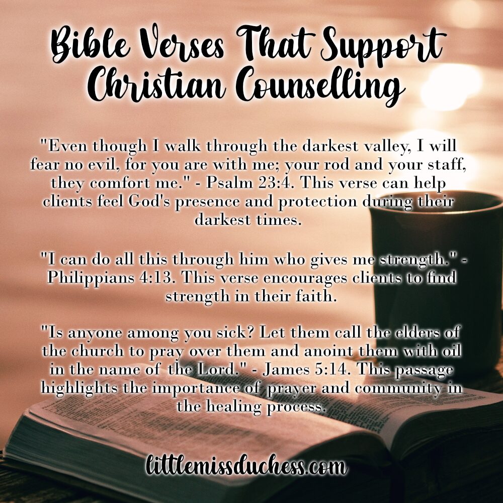 the image shows an open bible and a cup of coffee, with three bible verses printed out that are supportive of christian therapy for trauma.