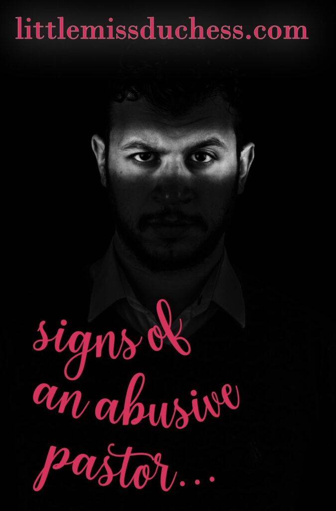 best 5 ways to identify an abusive pastor image, man standing in the dark looking threatening bright pink text