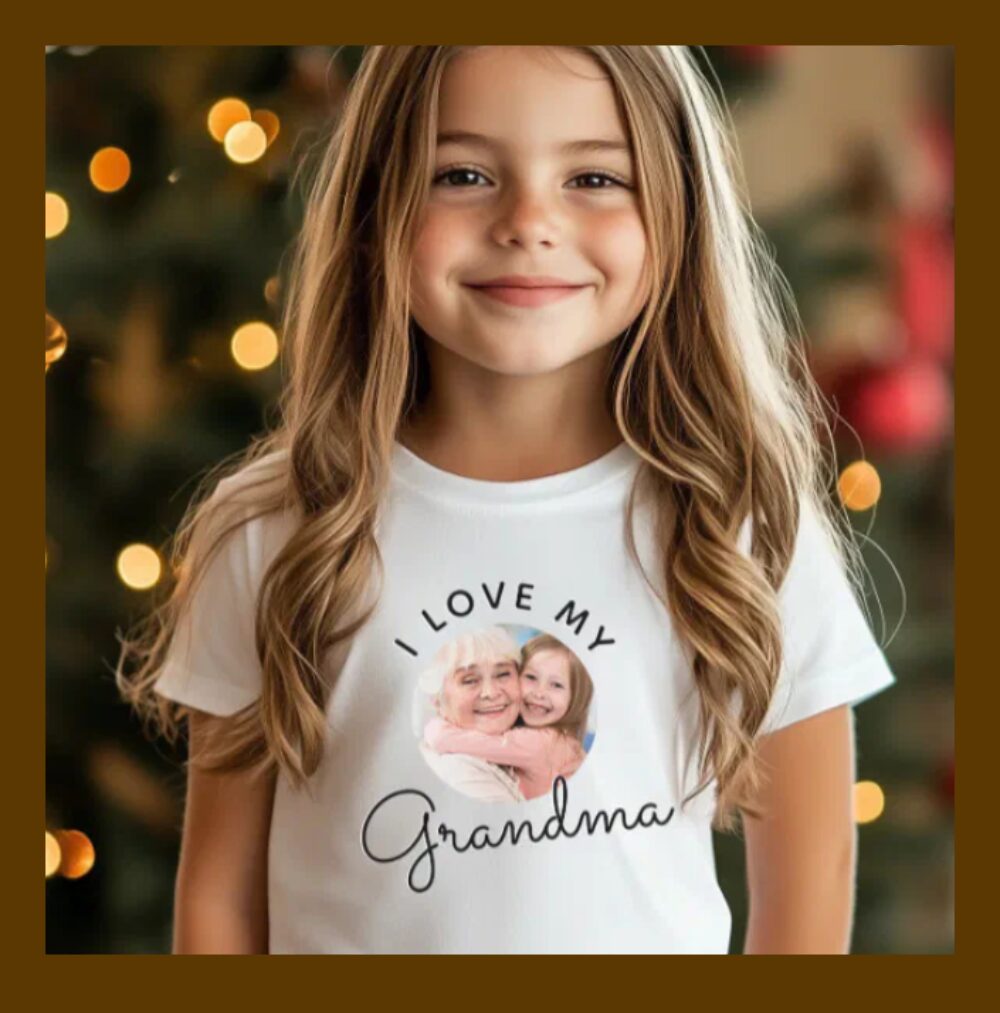 valentine's day gift for grandchildren, cute custom shirt with i love my grandma written on it and custom placed photo. Perfect for a valentines day celebration!