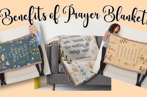 header saying benefits of prayer blankets shows women holding prayer blankets in image