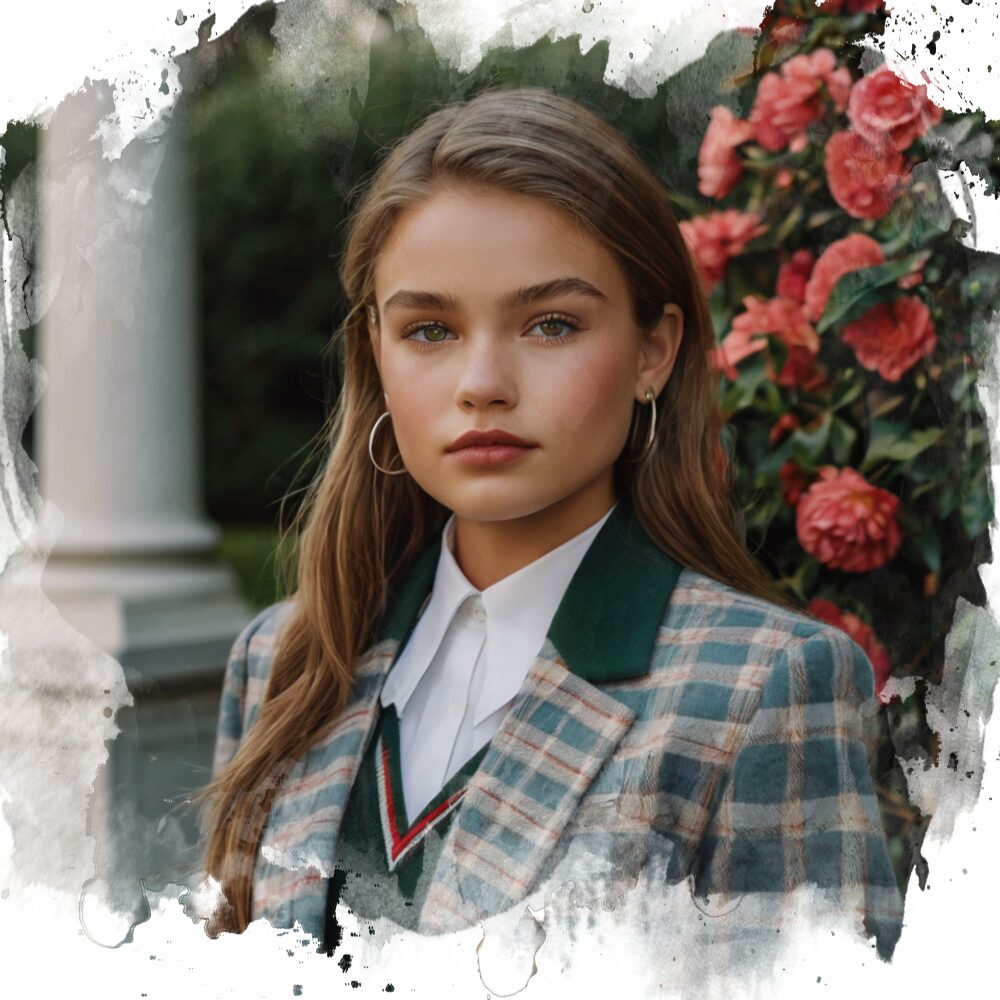 1980's preppy decor, a young girl in a preppy school uniform and blended photo frame