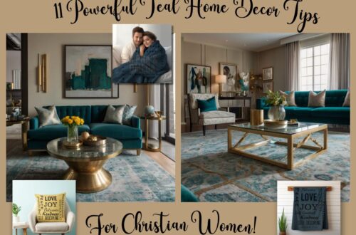 teal home decor and decor tips for christian women blog article banner showing various rooms that feature teal dominant coloring with gold accessories